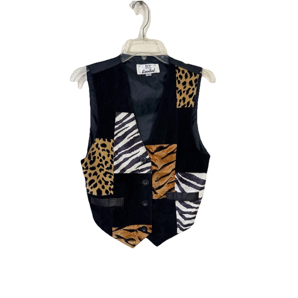 BT Ltd‎ Leather Suede Patchwork Vest M Woman Zebra Animal Print Pockets 4 Button